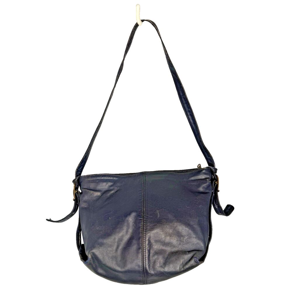 Stone Mountain Vintage Leather Shoulder Bag Navy Blue Made in USA Adjustable